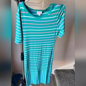 LuLaRoe Julia Dress Womens XS Green Stripe Knit 3/4 Sleeve